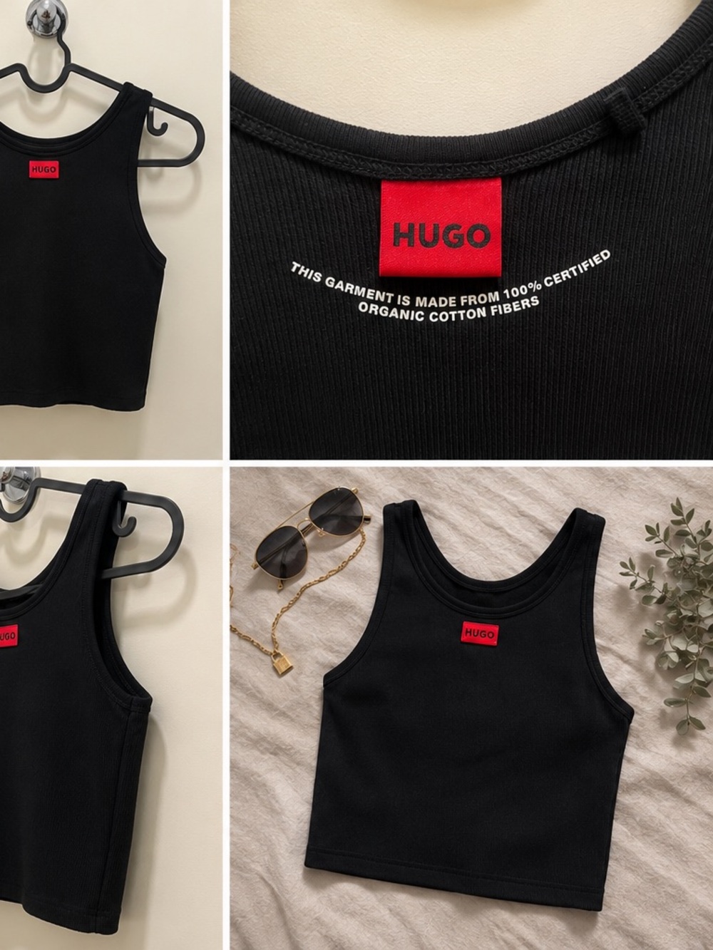 HUGO Black Ribbed Crop Tank with Red Logo Patch